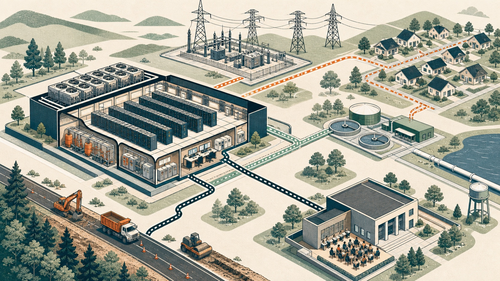 Editorial cutaway illustration of a generic data center connected separately to an electric grid, water system, roads, nearby homes, and a public meeting building